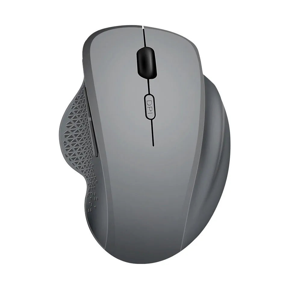 Black and grey wireless computer mouse with USB charger on white background