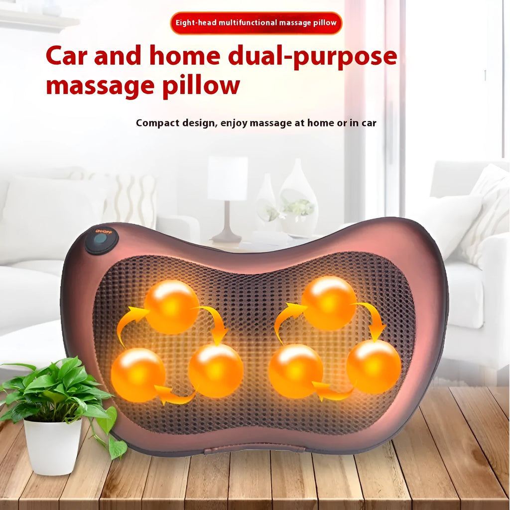 Black genuine leather neck and shoulder massage pillow with 8 heads for car and home use.