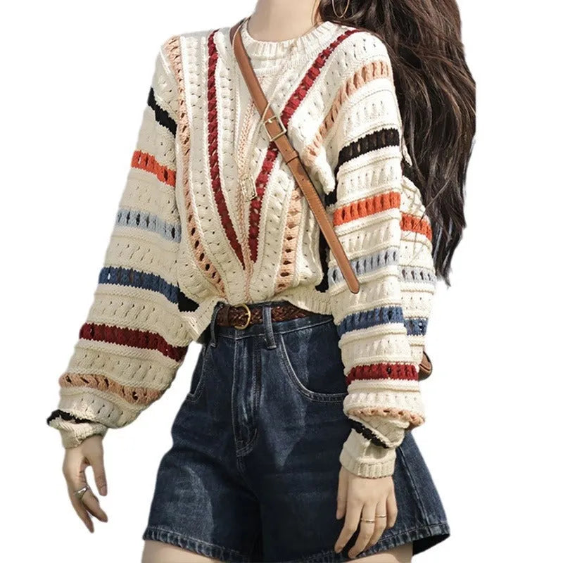 Retro rainbow striped hollow knit sweater with batwing sleeves and round neck in loose fit