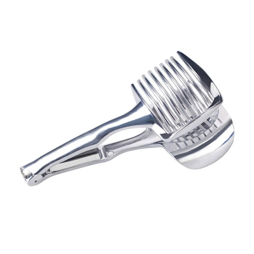Silver plastic lemon slicer kitchen gadget with ergonomic handles for cutting citrus fruits