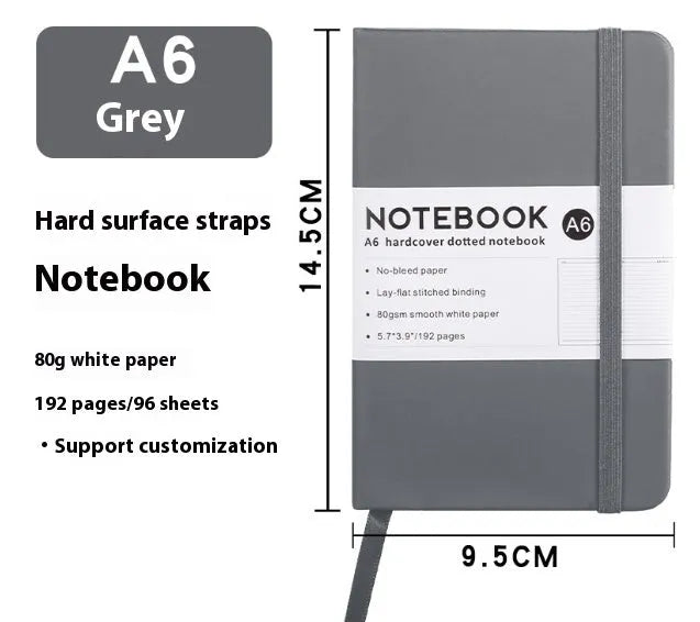 A5 soft touch PU leather notebook open on lined pages, shown in multiple colour options.