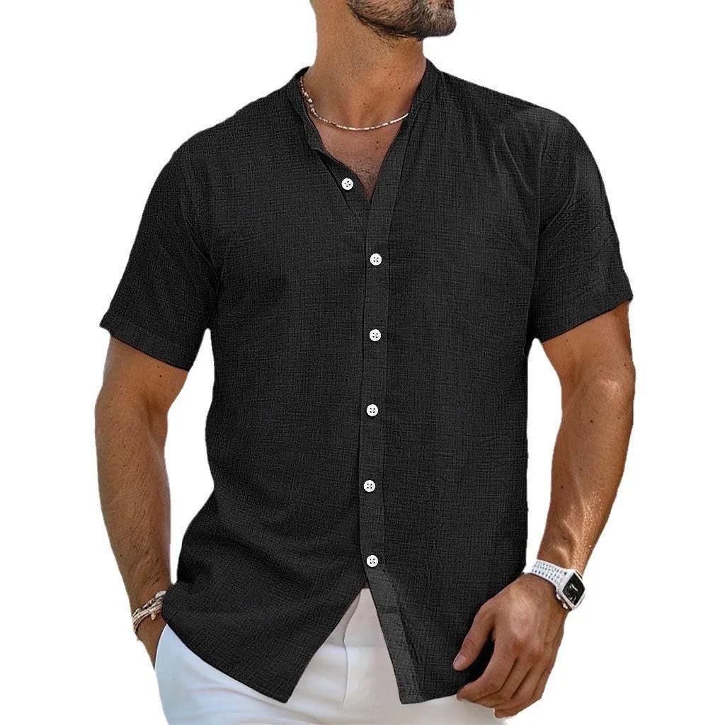 Men's light blue linen-blend cardigan shirt with Henry collar and short sleeves on hanger