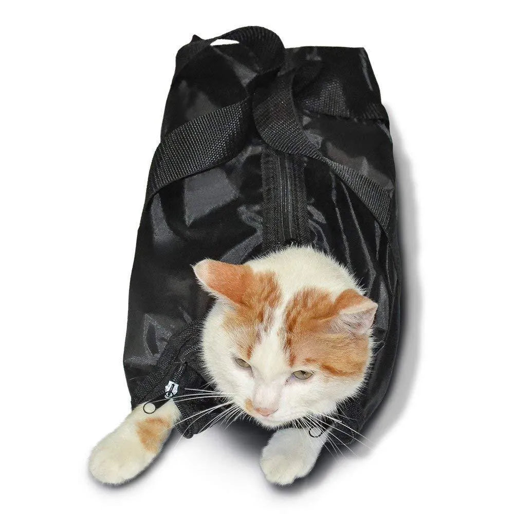 Black cat cleaning and washing bag made from 420D PU Oxford fabric, shown folded and unfolded.