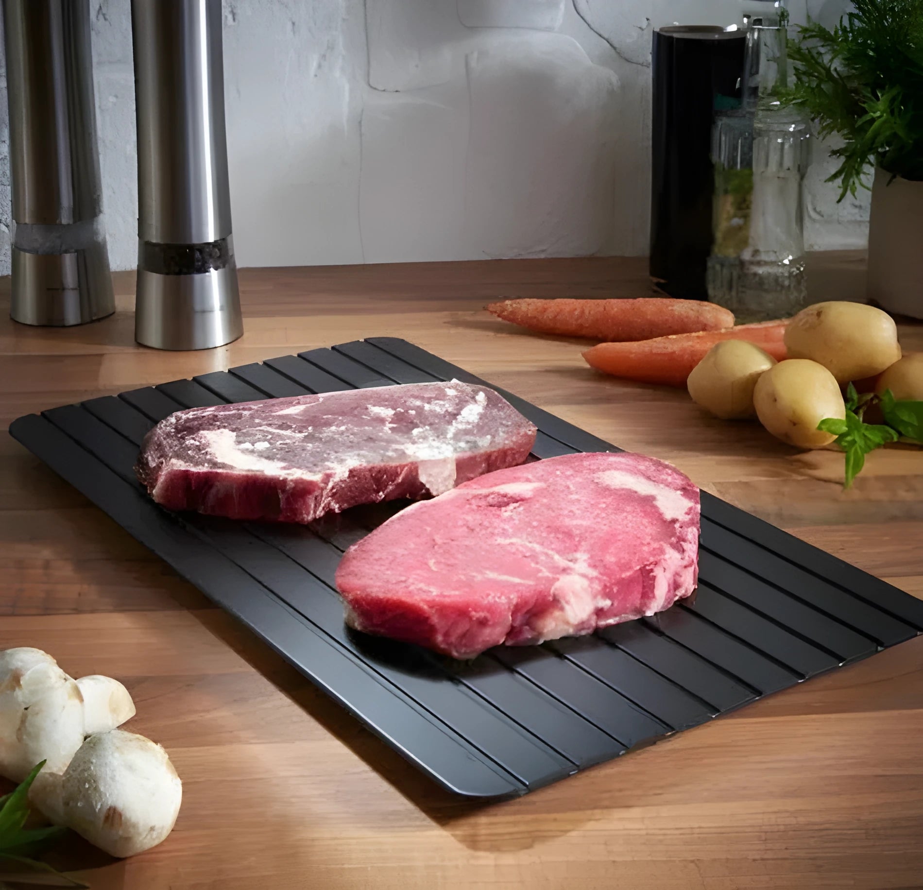 Black aluminum defrosting tray for thawing frozen meat without electricity