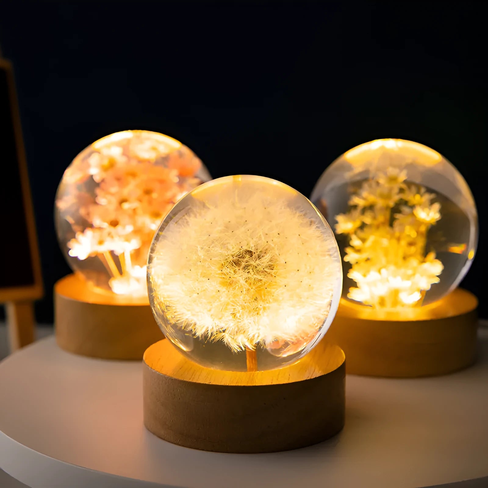 Dandelion crystal ball night light on beech wood stand with USB cable