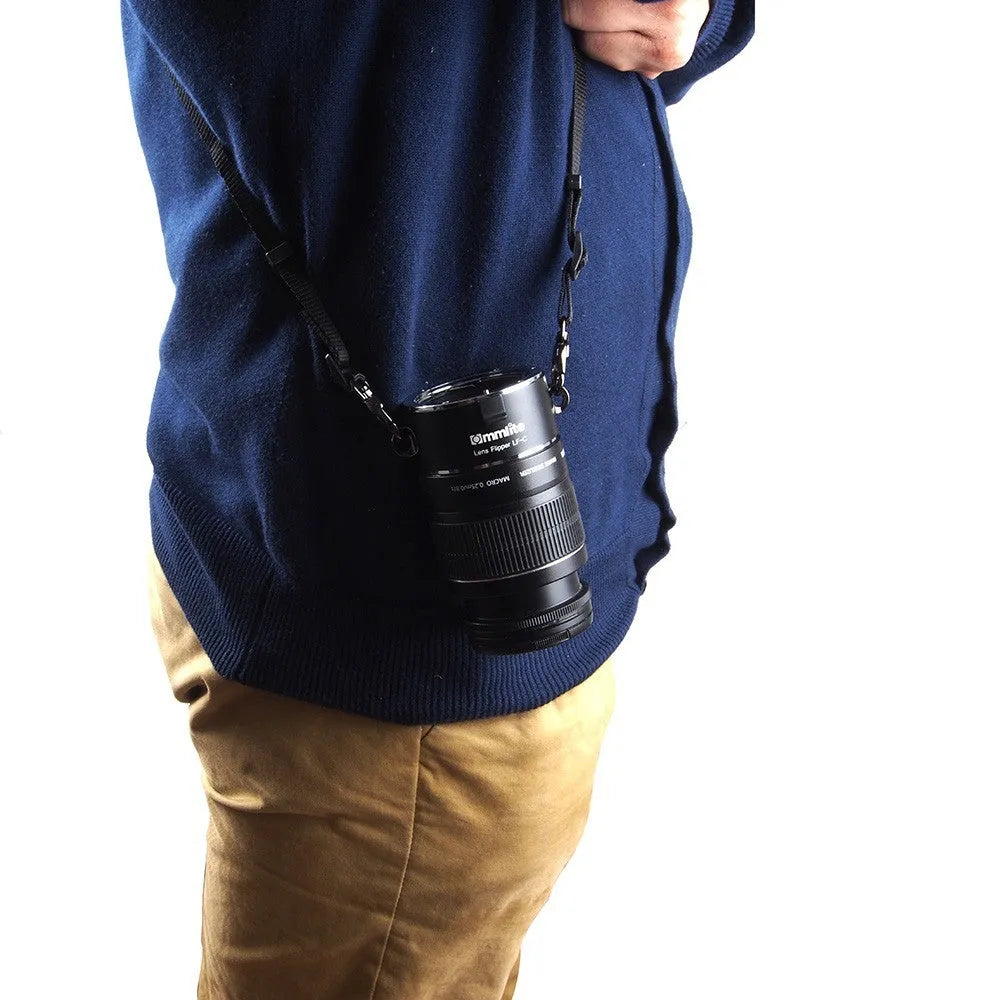 Aluminium Lens Flipper holder for Canon Nikon Sony cameras with a cotton shoulder strap