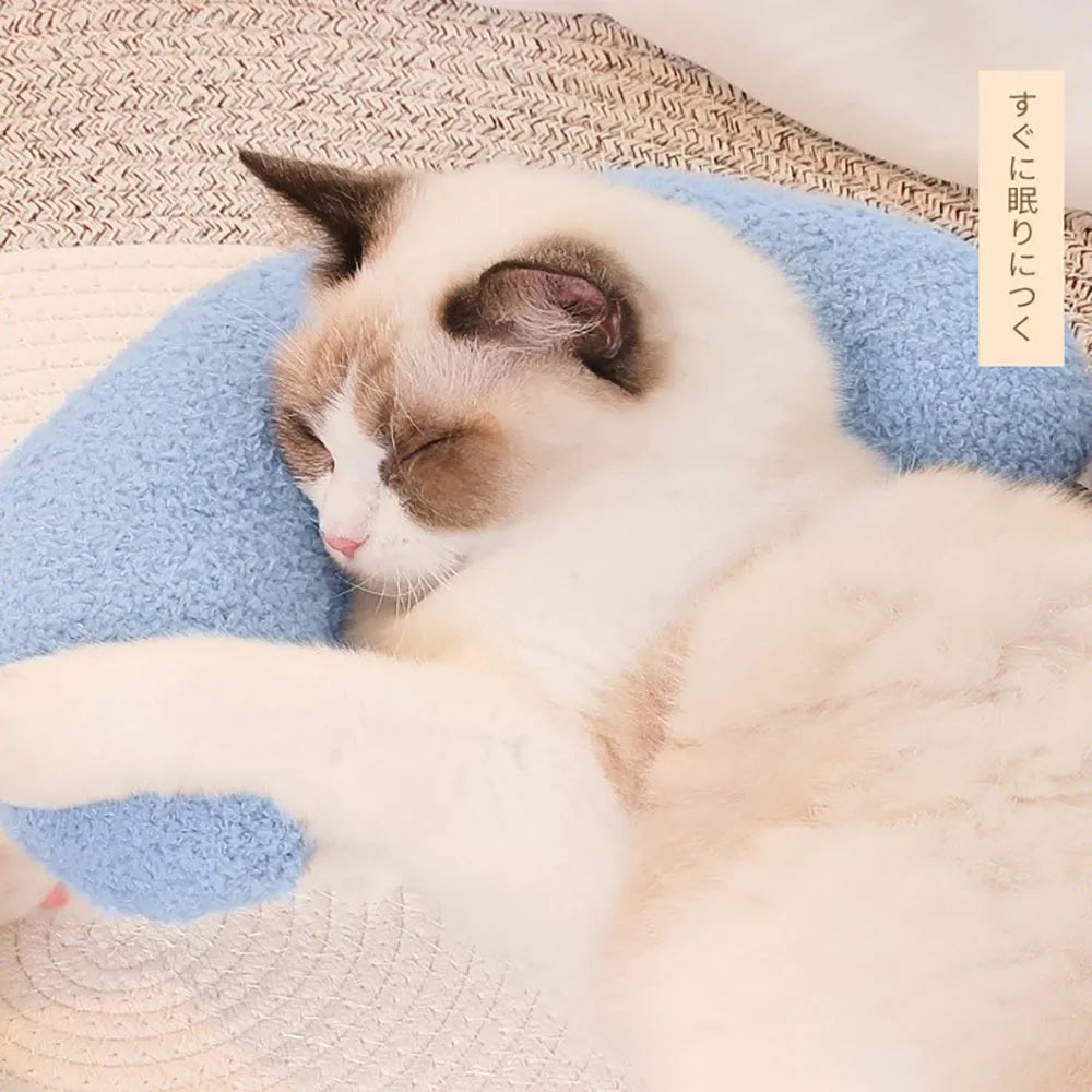 U-shaped blue cat pillow with adjustable white collar for cervical support