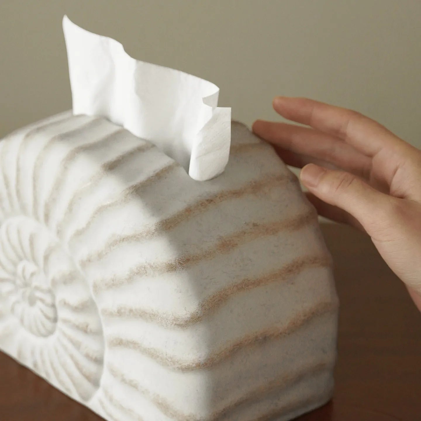 Resin conch ramble decorative tissue box cover with seashell design.