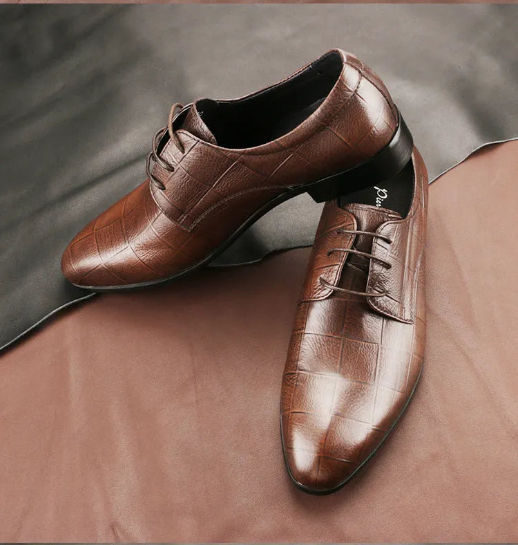 Men's black leather derby shoes with pointed toe and rubber sole
