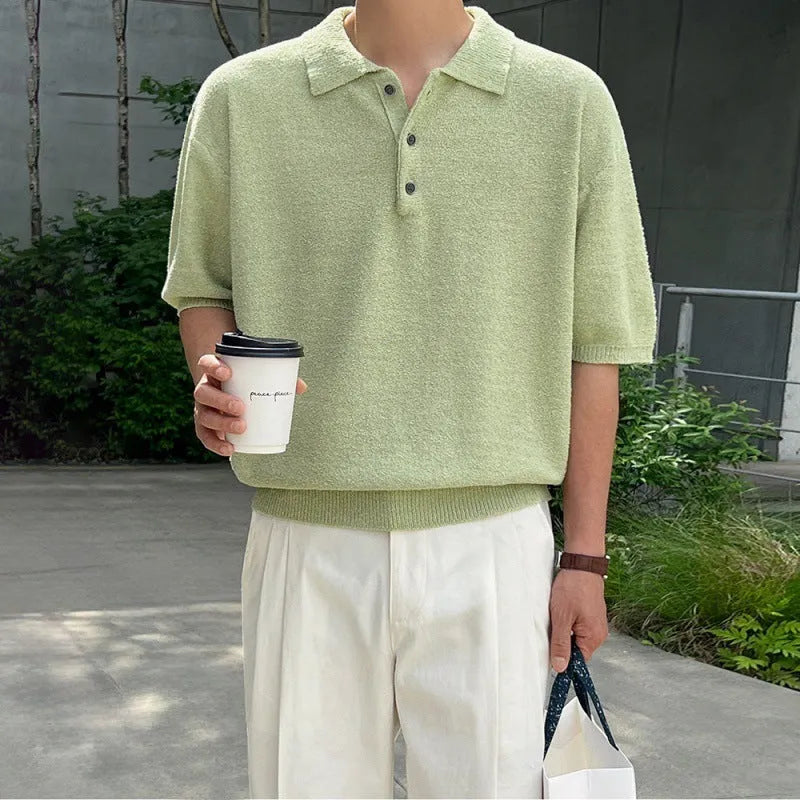 Men's caramel coloured retro knitted polo shirt with asymmetric design and short sleeves