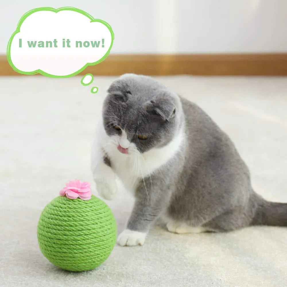 Green cactus-shaped cat toy with a sisal scratching post and a rocking tumbler ball on a weighted base.