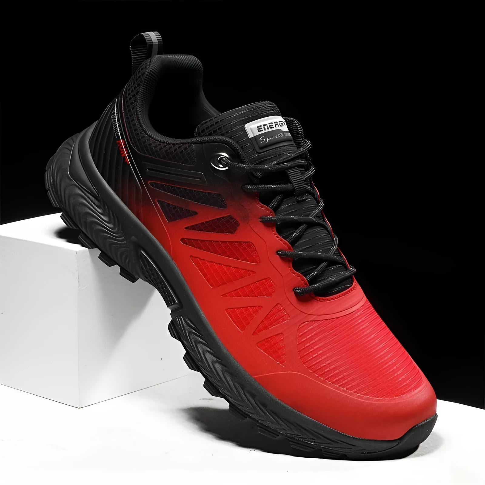 Men's black outdoor running shoes with breathable mesh surface and lace-up front