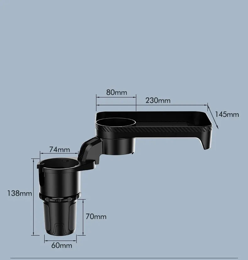 Black ABS car cup holder with removable rotating dinner tray in vehicle
