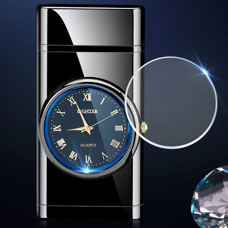 Multifunctional metal watch lighter with LED lamp in brushed black, mahogany, gold, or silver finish.