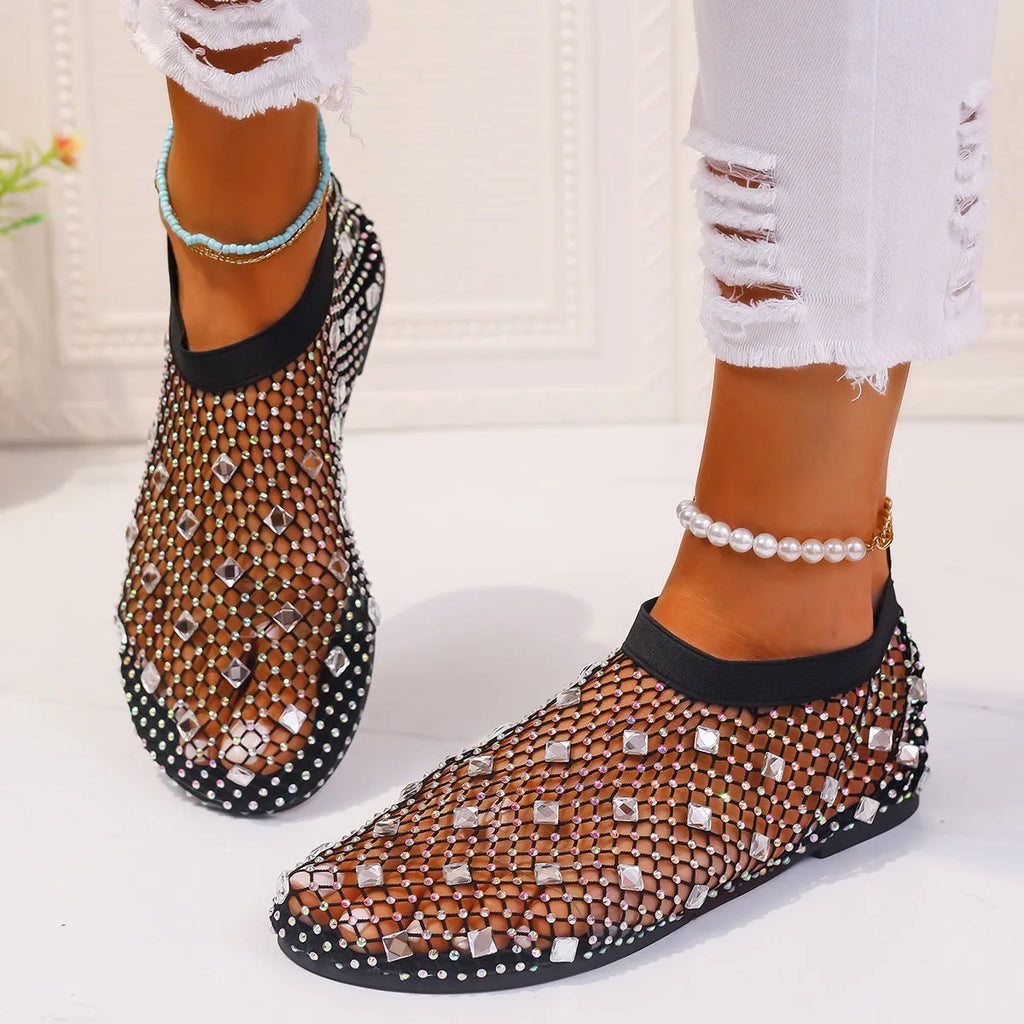 Women's colourful mesh flat sandals with rhinestone decoration and rubber sole