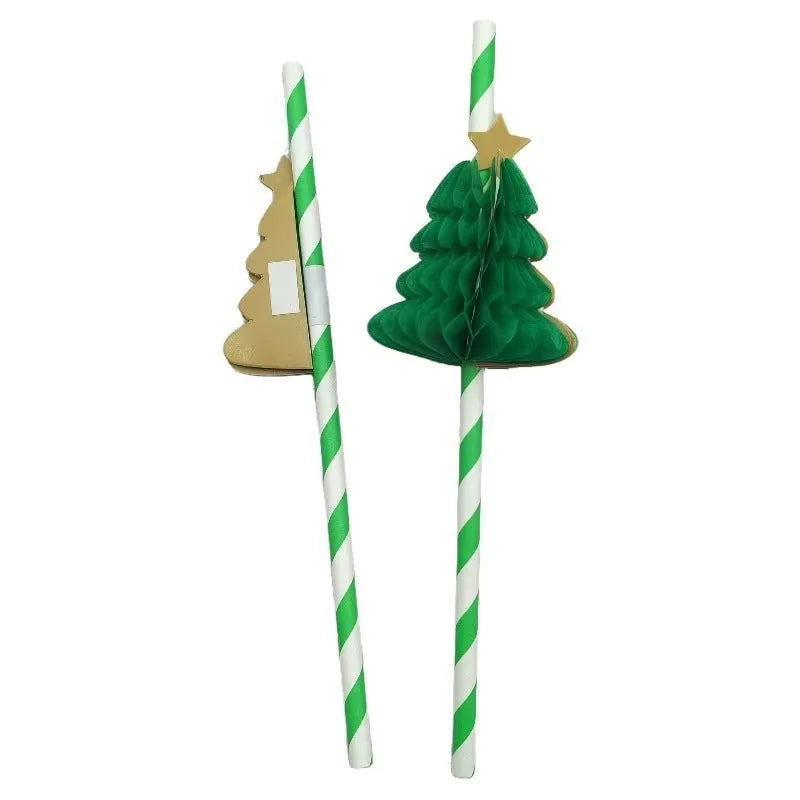 50 paper honeycomb Christmas tree straws 6x197mm in assorted colours on a table