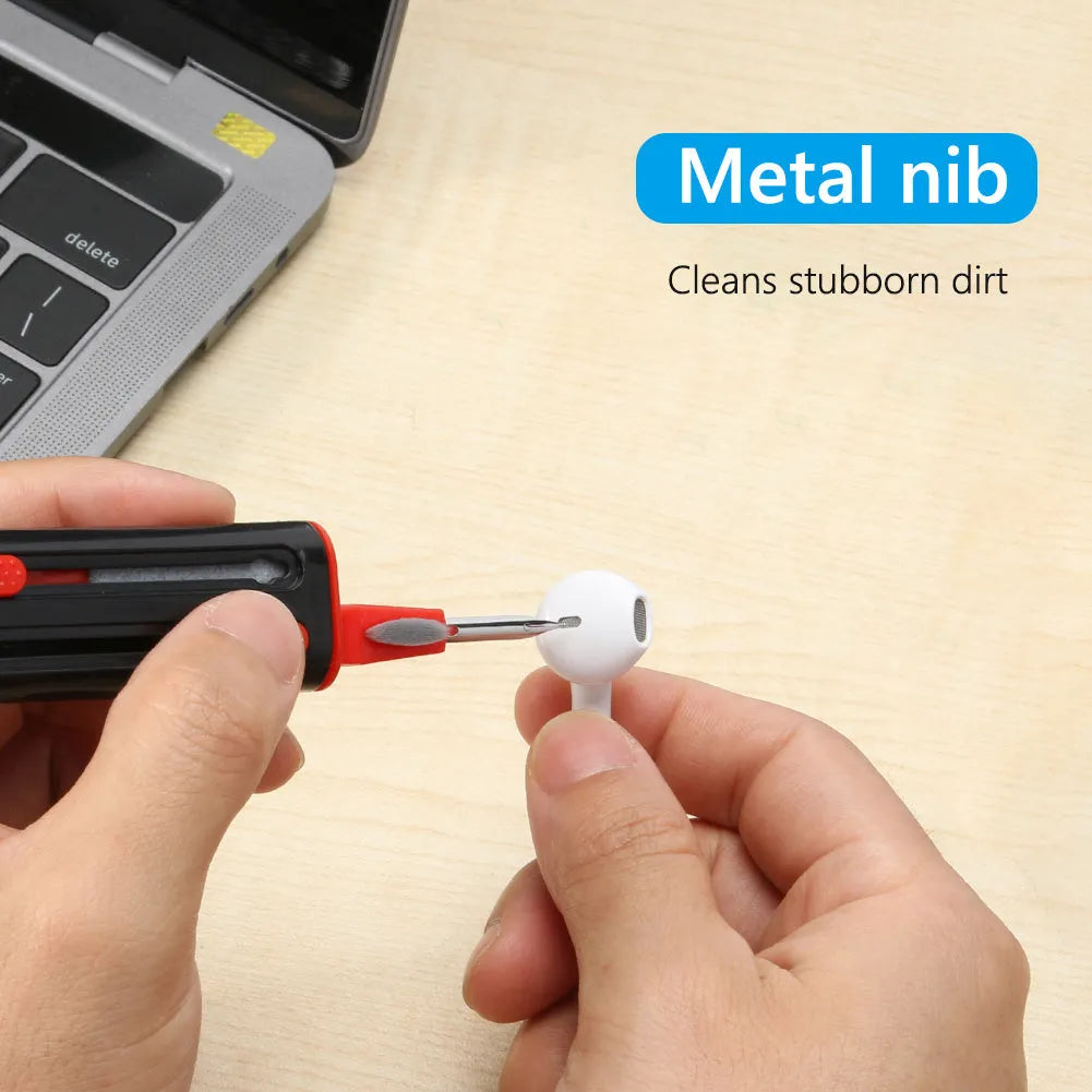 AirPods Pro cleaning kit with white and red 3-in-1 pen, showing brush, sponge, and metal nib heads.