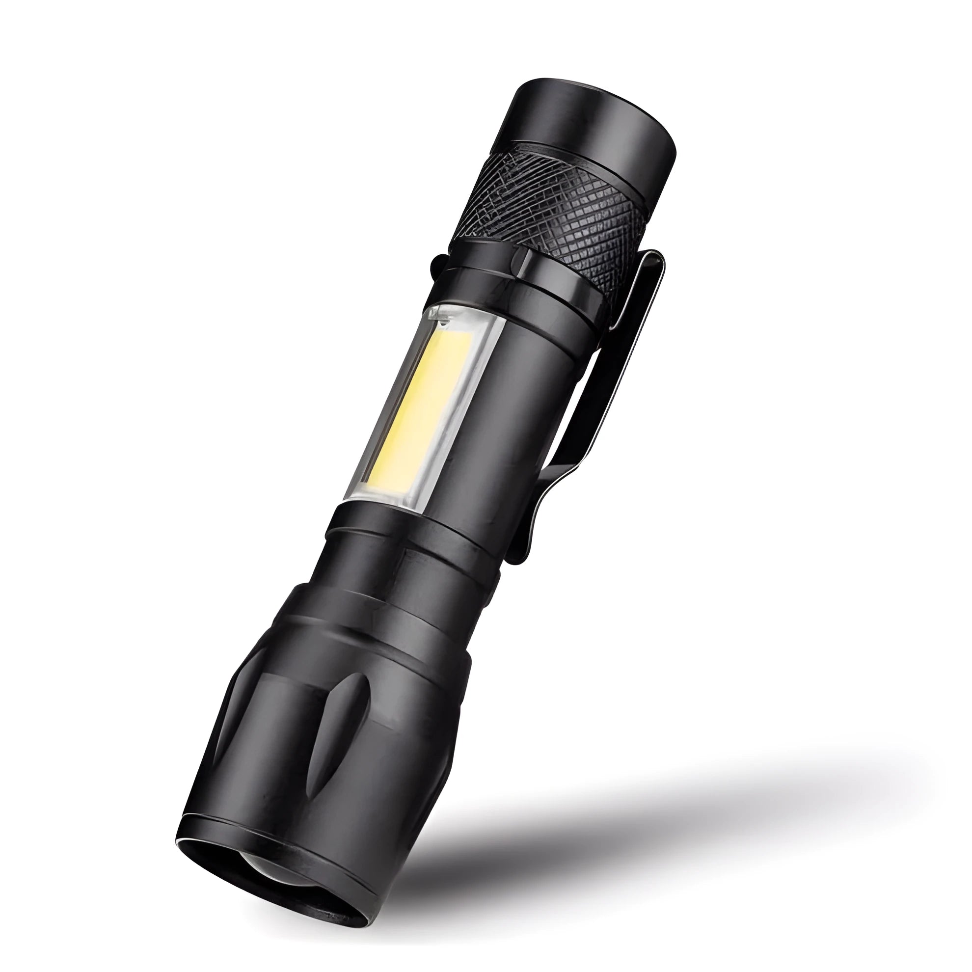 Black aluminium alloy mini telescopic LED flashlight with adjustable zoom focus and clip for daily carry