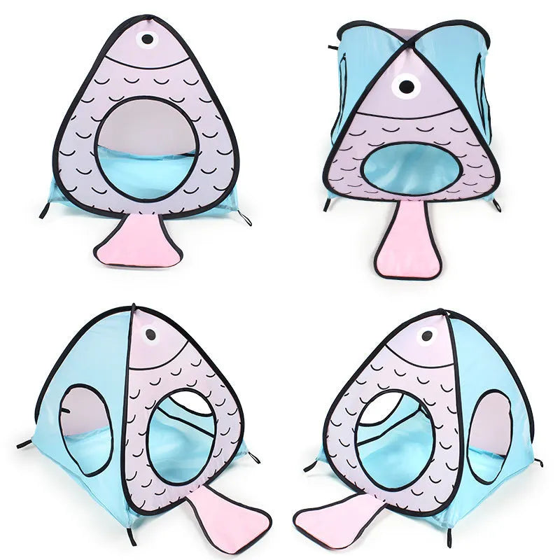 Foldable grey cat tent connected to a tunnel, featuring a cat and fish print design.