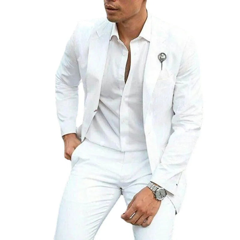 White men's two-piece slim fit suit for wedding groomsman attire in acetate fibre blend