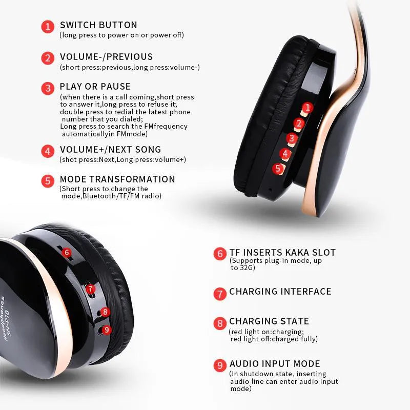 HobbyLane Bluetooth headset in black, red, or white colours showing over-ear design and included auxiliary cable.