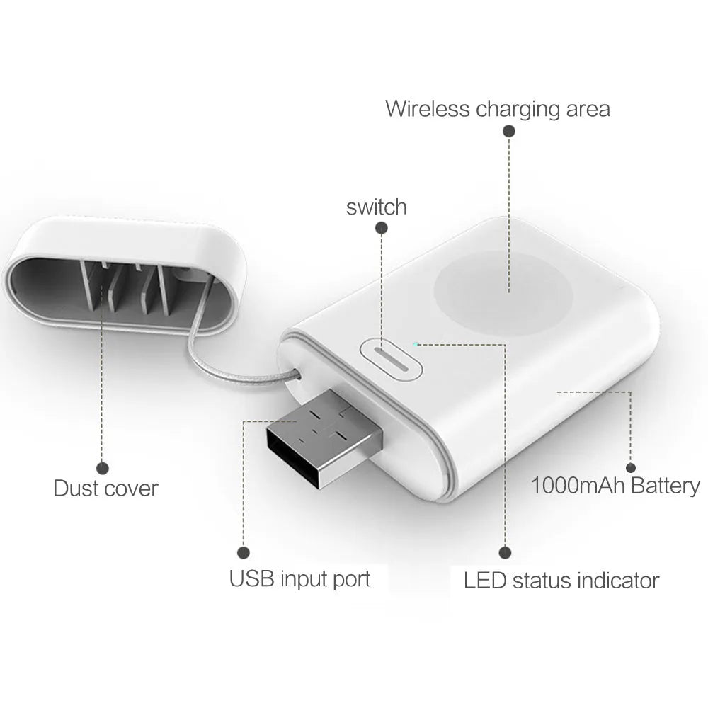 Small white magnetic wireless portable charger for Apple Watch showing size and Micro USB port