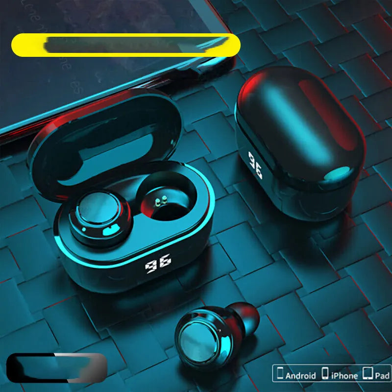 Black wireless stereo Bluetooth over-ear headset with earplug design on a white background.