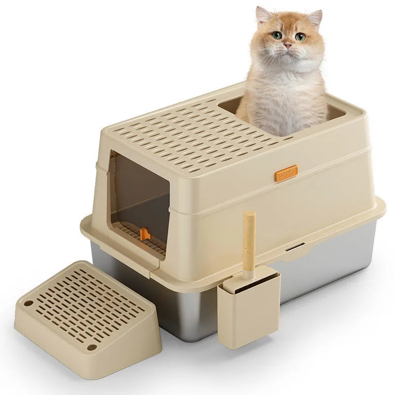Grey large enclosed cat litter box with pedal lid made from ABS plastic and stainless steel.