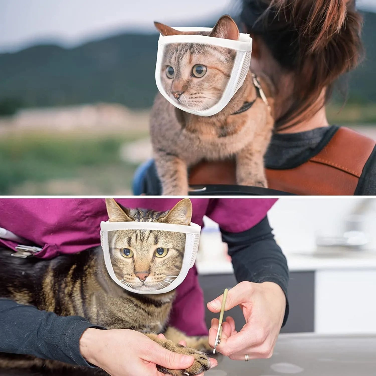 Clear PVC and cotton cat muzzle mask with central breathing hole shown on S and M sizes.