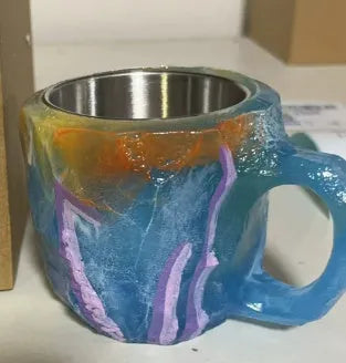 Purple resin mineral crystal coffee mug with handle showing 3D texture and 10cm height