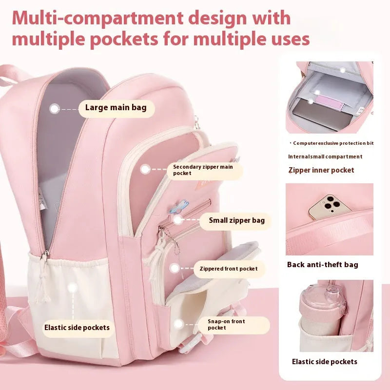 Pink waterproof Oxford cloth school backpack for girls with curved shoulder straps