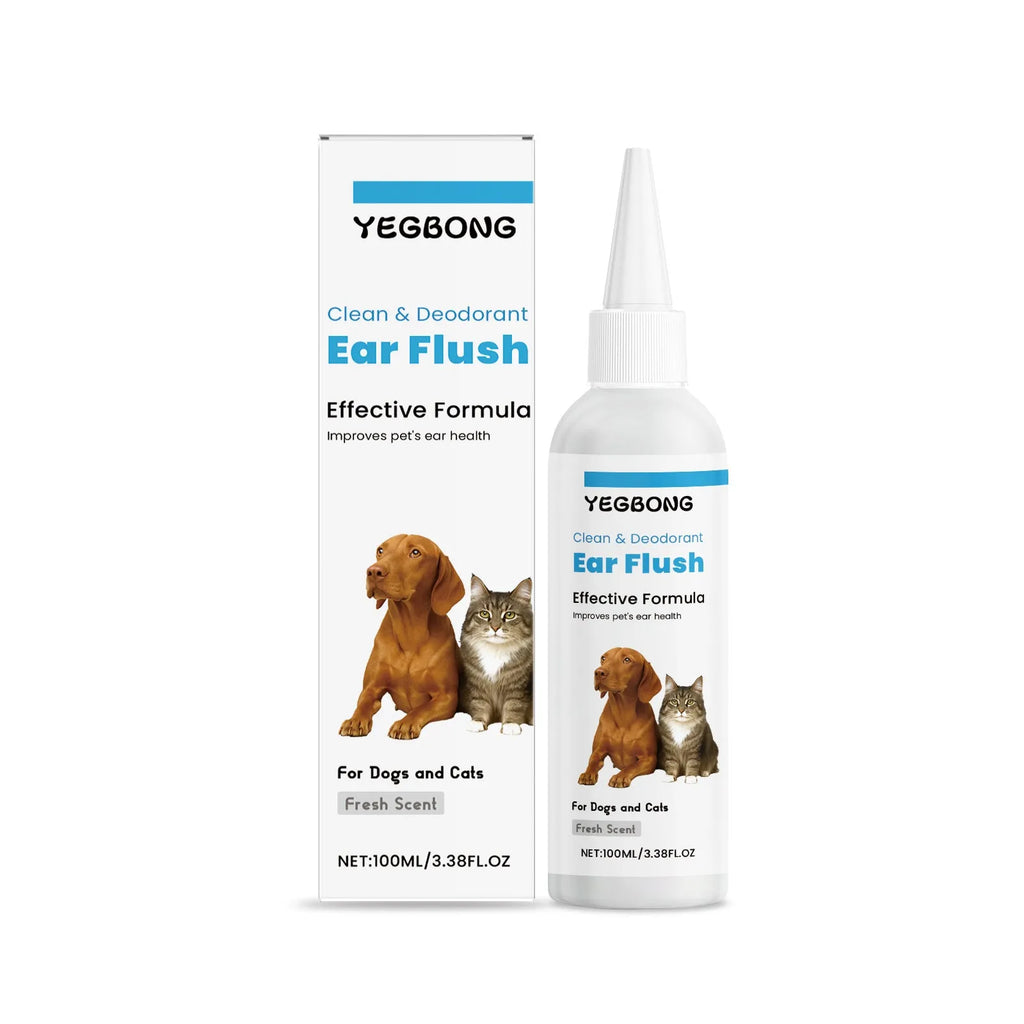 100ml bottle of ear cleaner for dogs and cats on a plain background.