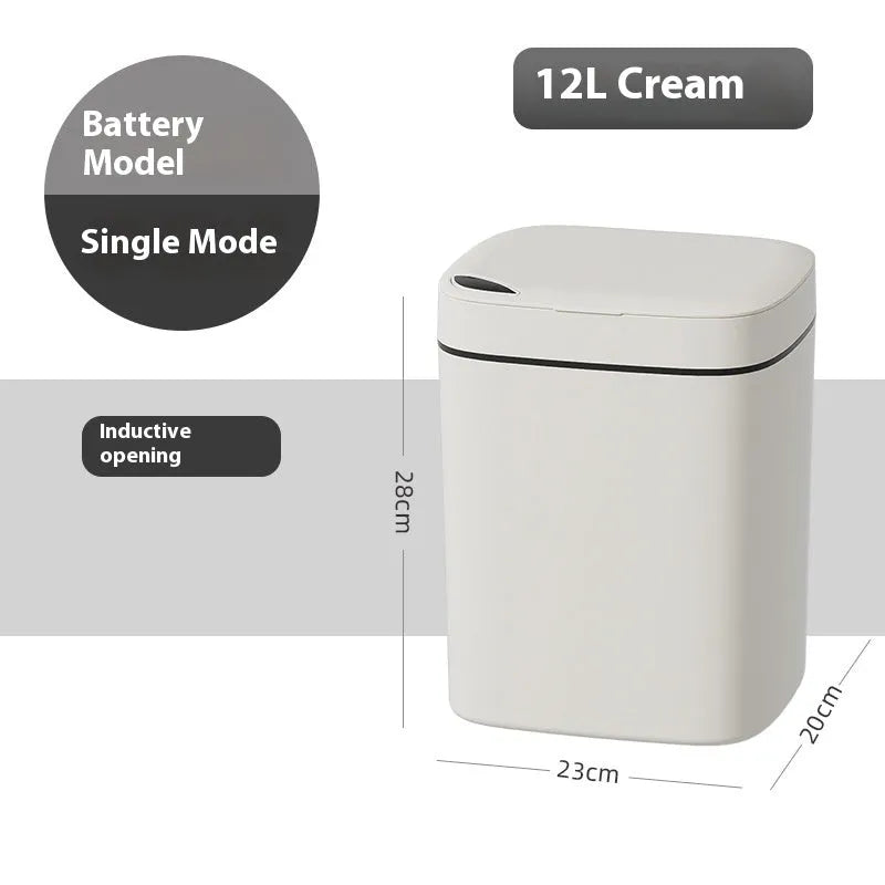 Square white automatic induction kitchen bin with sensor lid open, showing interior.