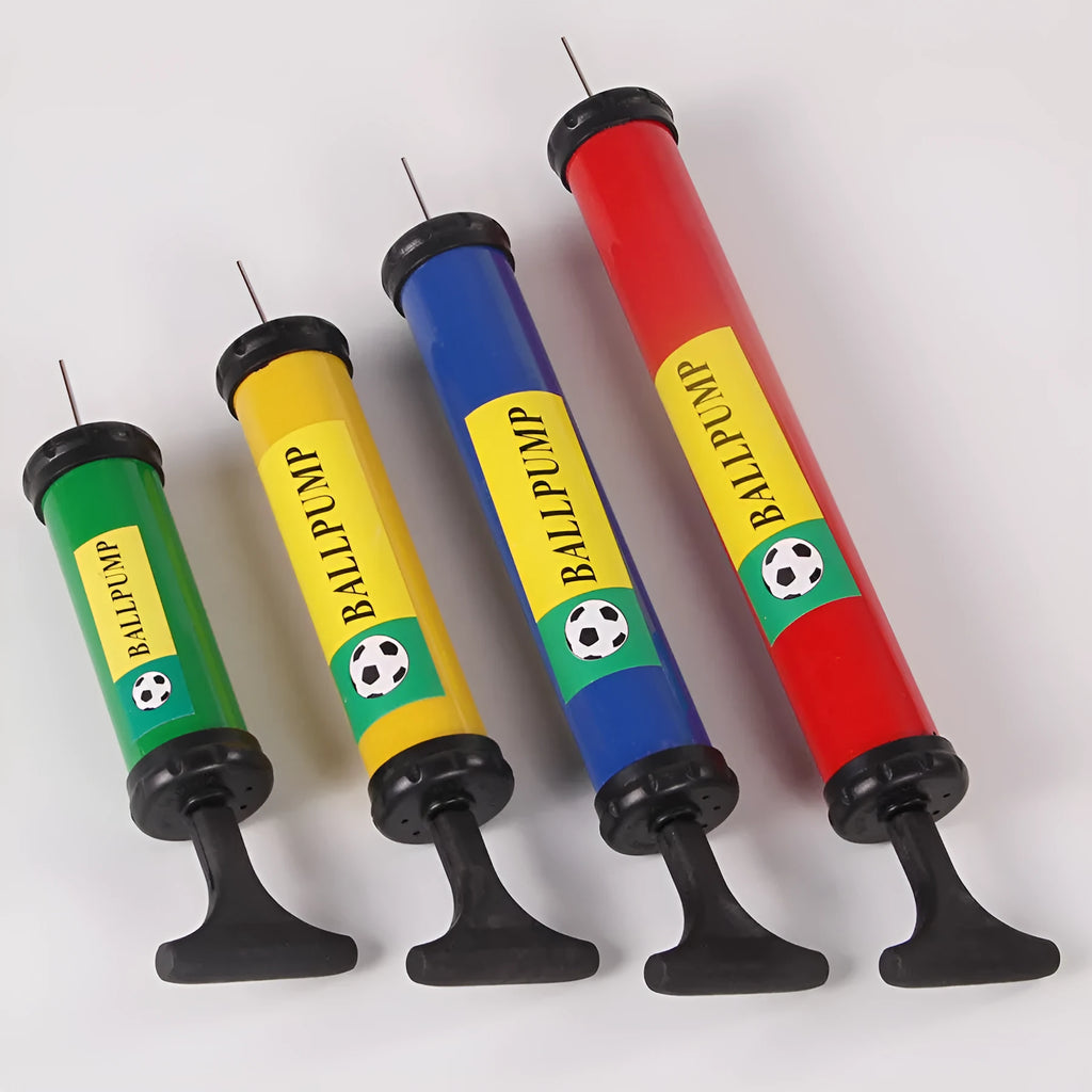 Manual high-pressure plastic pump for inflating basketballs, volleyballs, footballs and balloons in mixed colours.