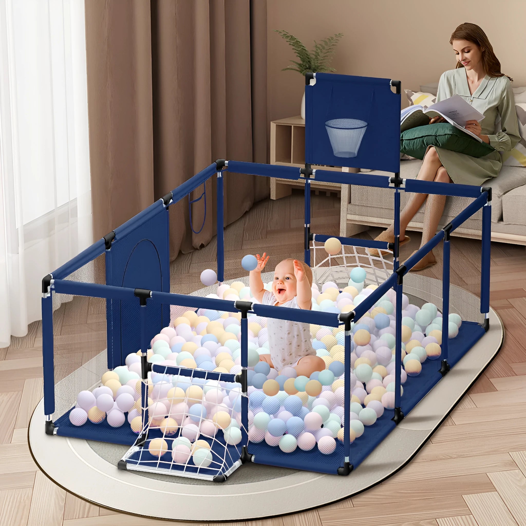 A large dark grey children's playpen tent with a stainless steel frame set up indoors.