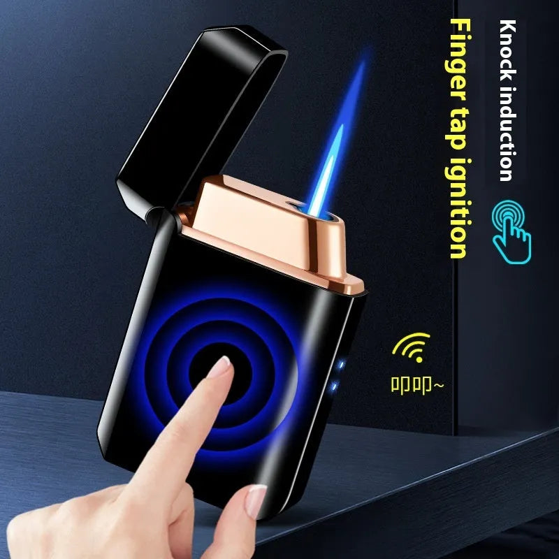 Voice-controlled Blow-and-blow Ignition Torch Lighter with Metal Construction, Wind Resistance, Available in Black Ice, Gold Brushed, Blue Ice, Nickel Brushed, Silver Brushed, HT-2303 Gift Box Set for Everyday Use