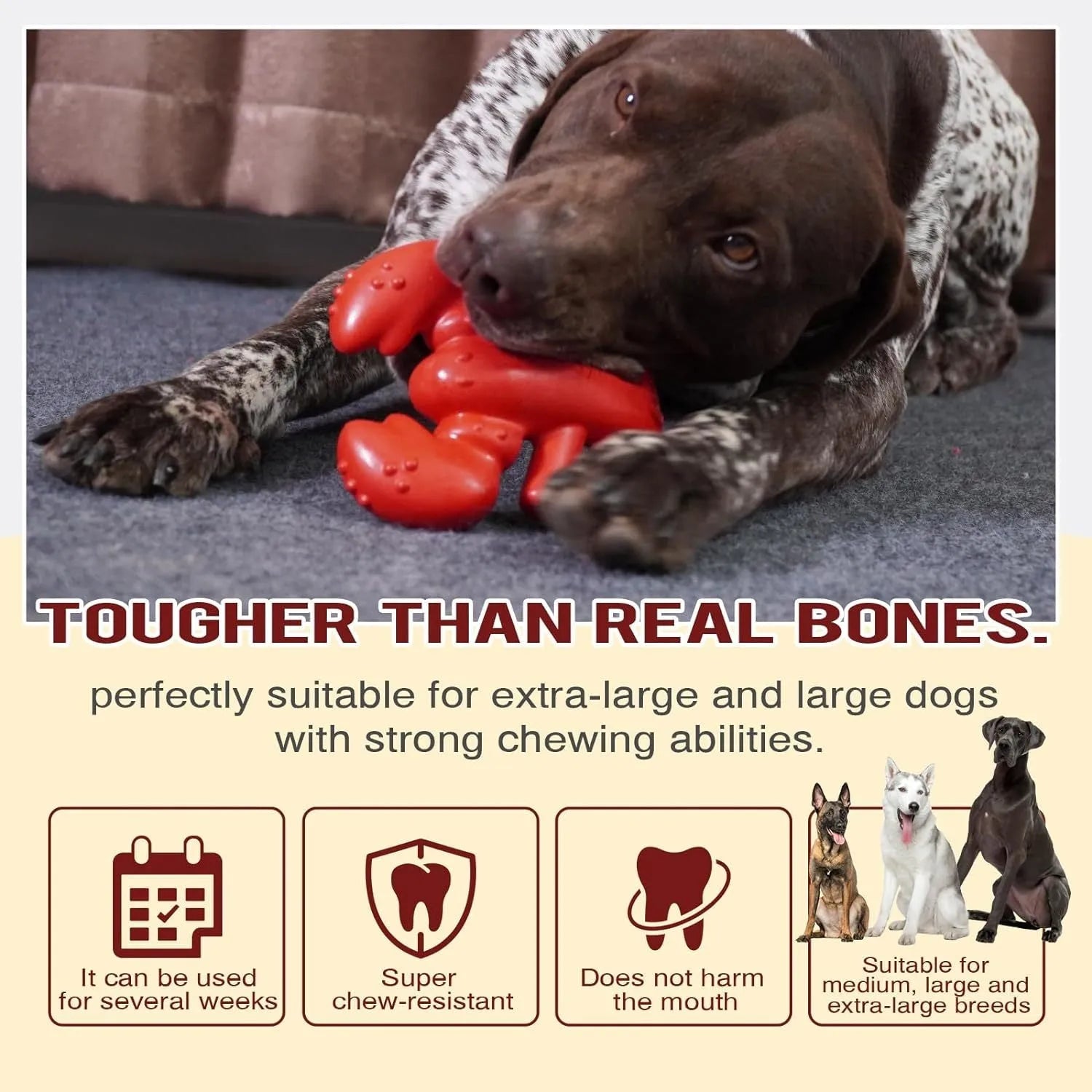 Red durable dog chew toy for large breed aggressive chewers measuring 170mm long