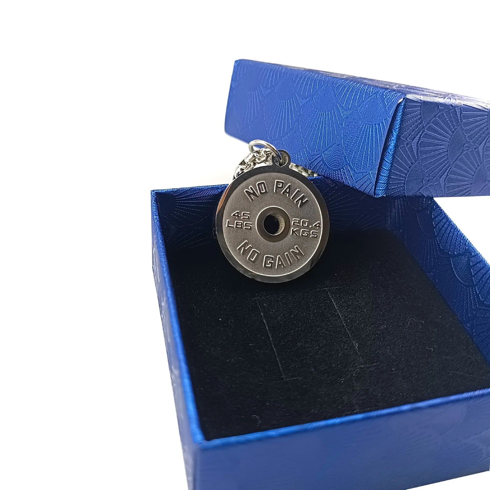 Polished stainless steel barbell disk geometric pendant on a 60cm chain necklace