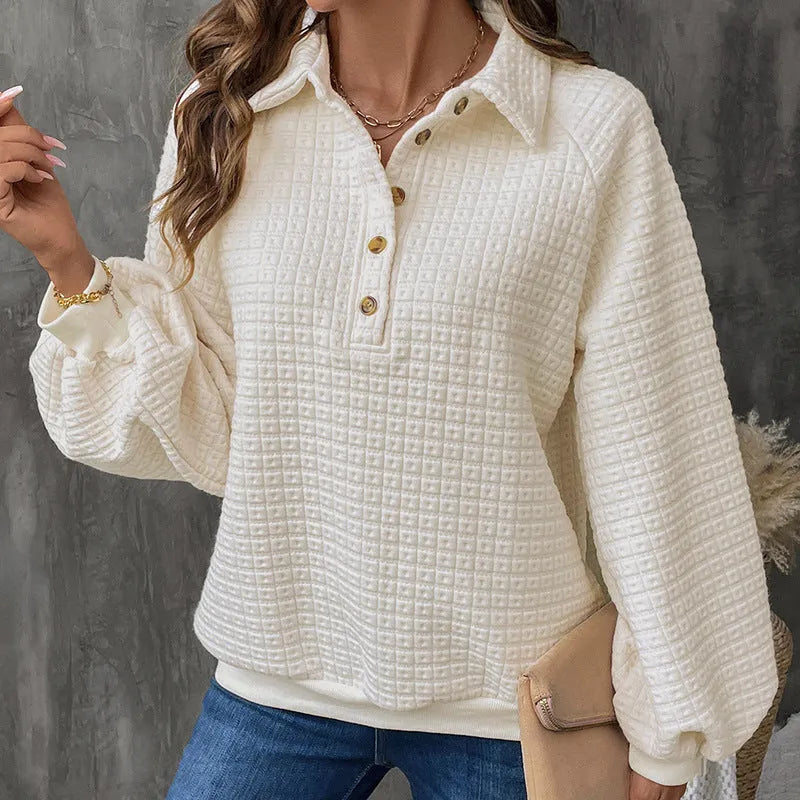 Women's polo collar sweater in solid milky white colour with long sleeves