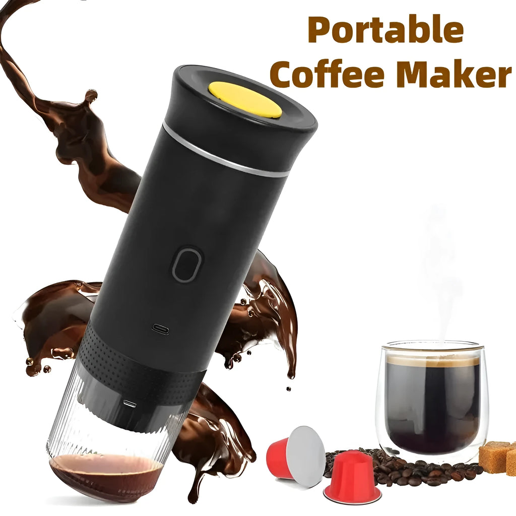 Portable electric espresso machine in grey with USB charging cable, shown next to coffee capsules