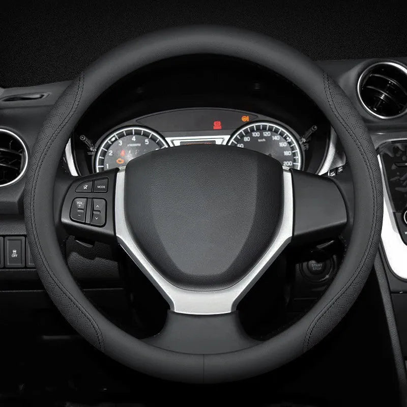 Black steering wheel cover with Napa leather texture on 38cm diameter wheel