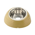 Stainless steel cat bowl in plastic base, shown in light green, beige, and brown colour options.