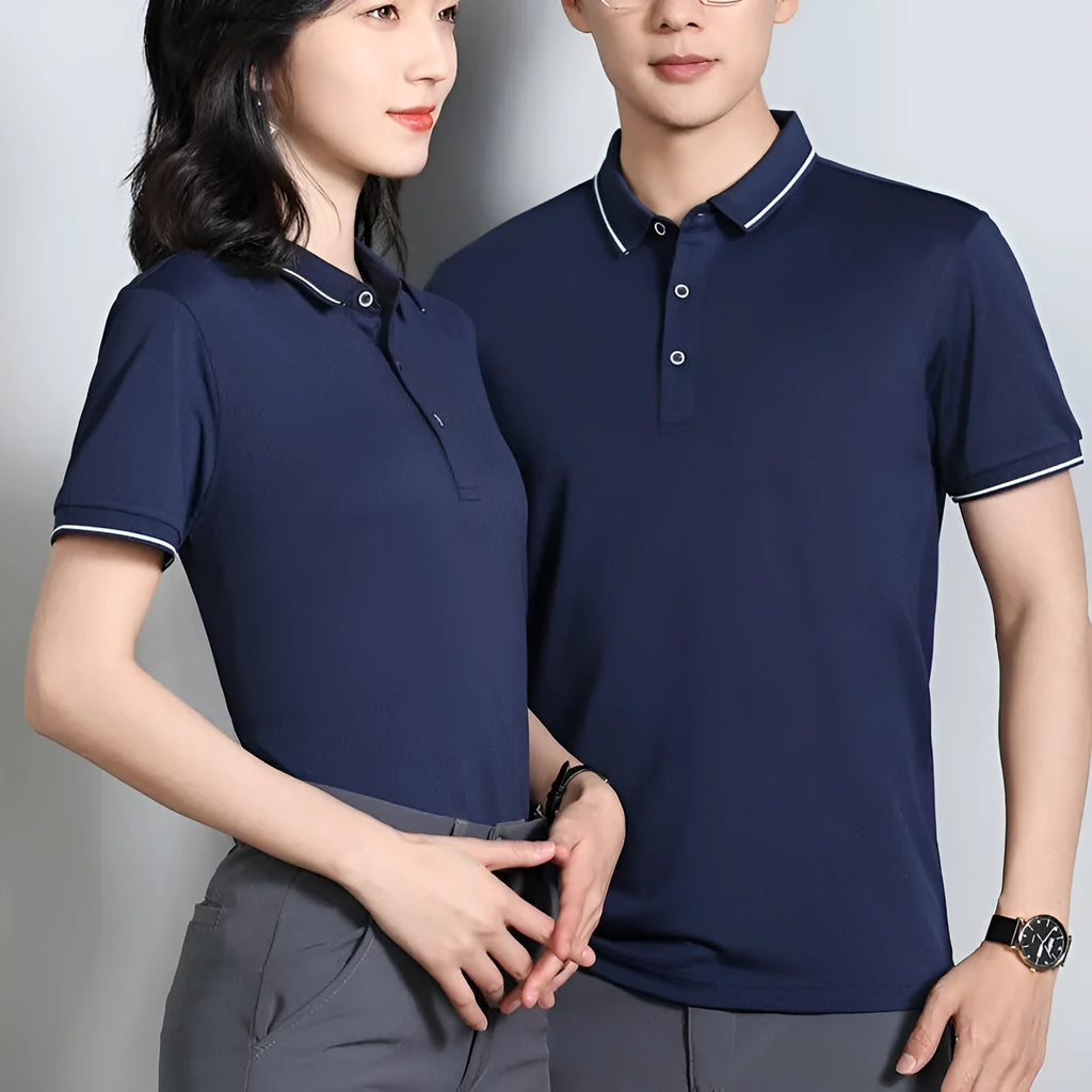 Short-sleeved beautician work polo shirt in light blue on a hanger.