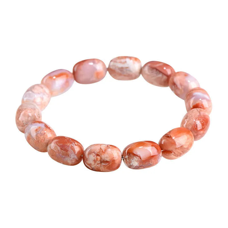 Natural cherry agate bracelet with 10x14mm barrel beads and Ruyi geometric elements