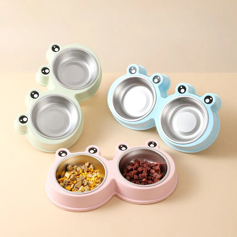 Stainless steel frog design pet bowl with separate food and water compartments in blue, green, and pink colour options