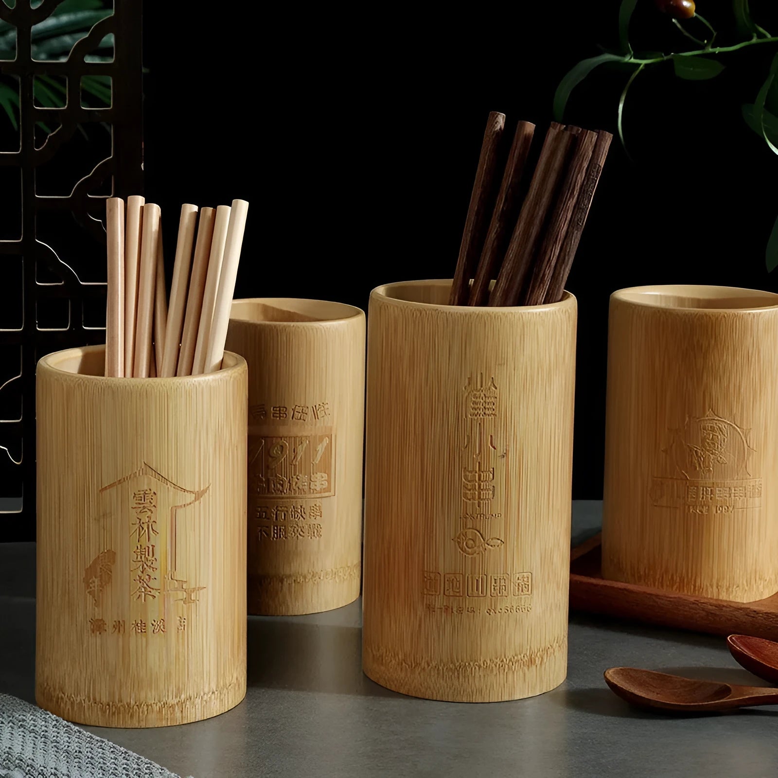 Bamboo chopsticks holder showing ten design variants with dimensions from 12x8cm to 18x9cm
