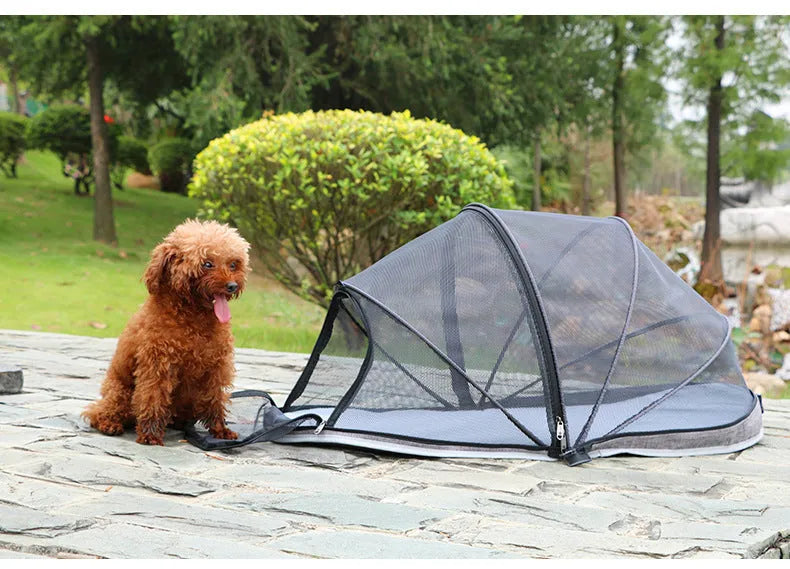 Folding cloth cat tent with half-mesh ventilation in black or blue colour options