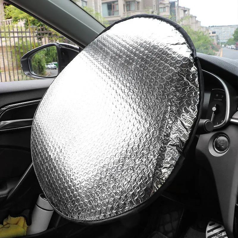 Car steering wheel sunshade cover in aluminium foil with brand LOGO pattern for universal fit heat protection