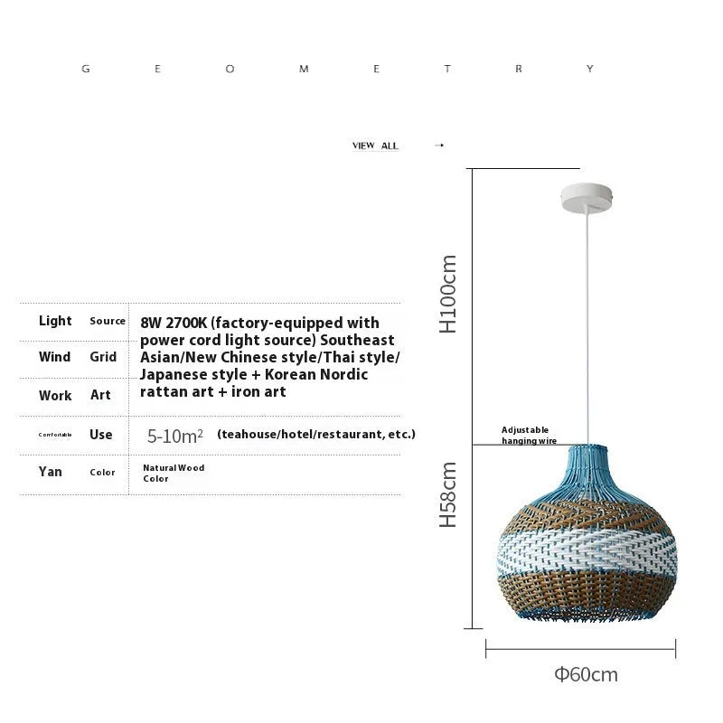 Vine woven pendant lamp in pastoral Southeast Asian style with warm LED lighting