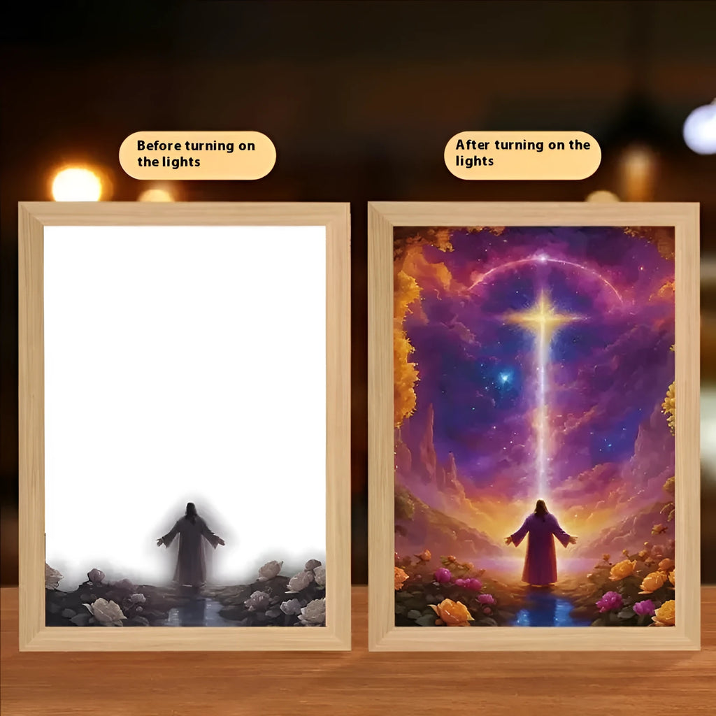 Modern rectangle light painting photo frame with illuminated religious nature artwork on man-made board